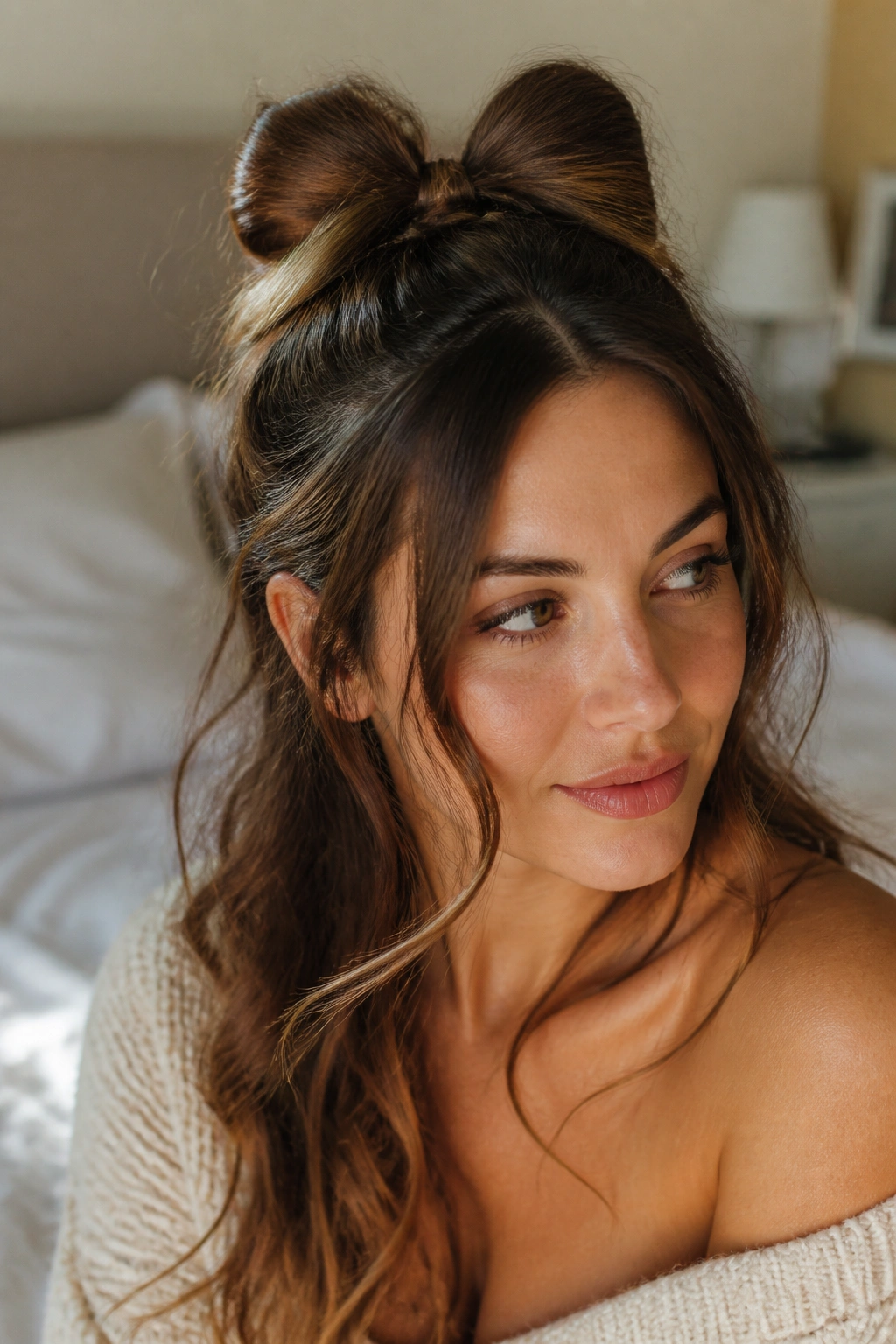 Close up of a real woman wearing a soft half-up bow hairstyle.