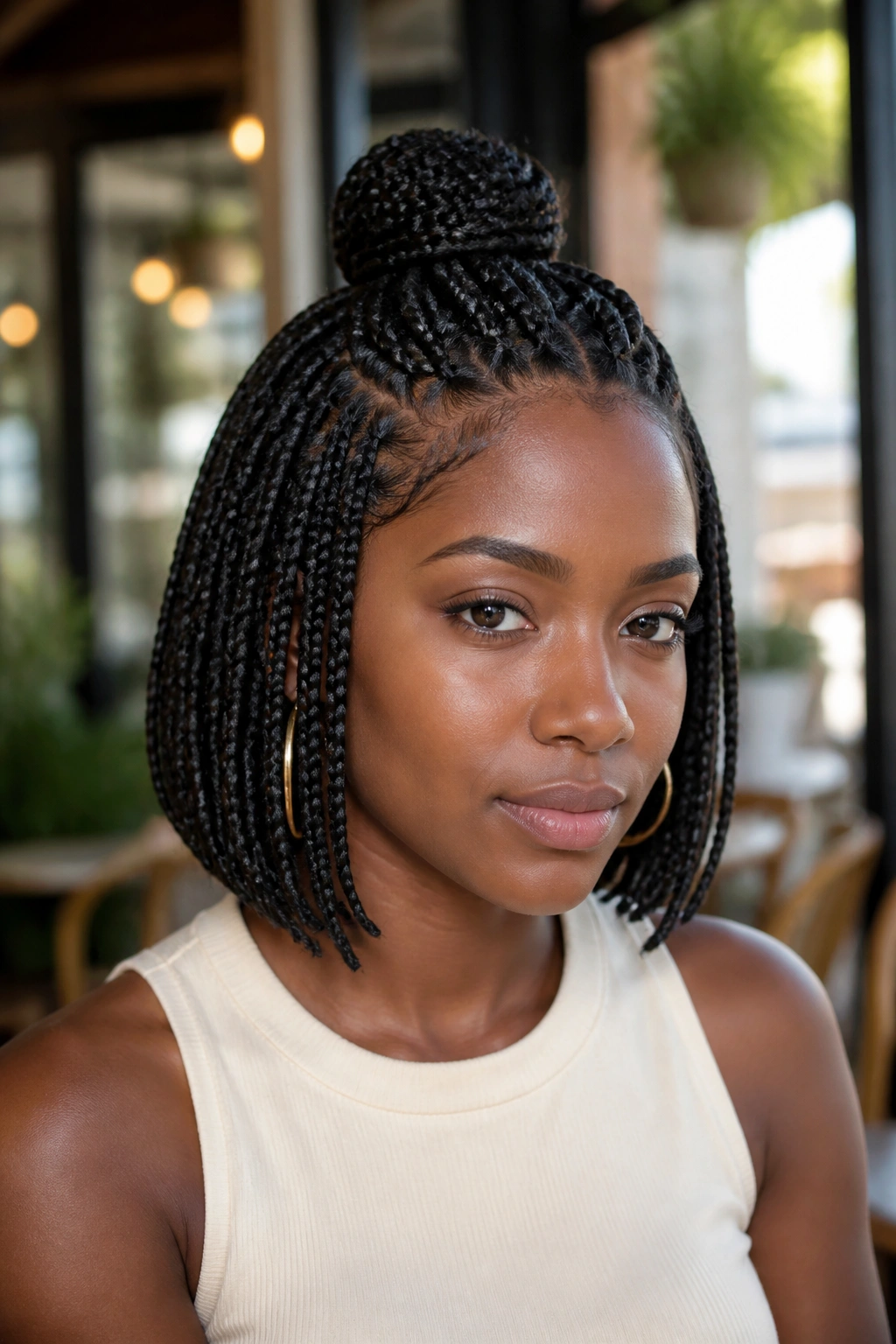 Real woman with half-up short box braids bob in a cafe setting