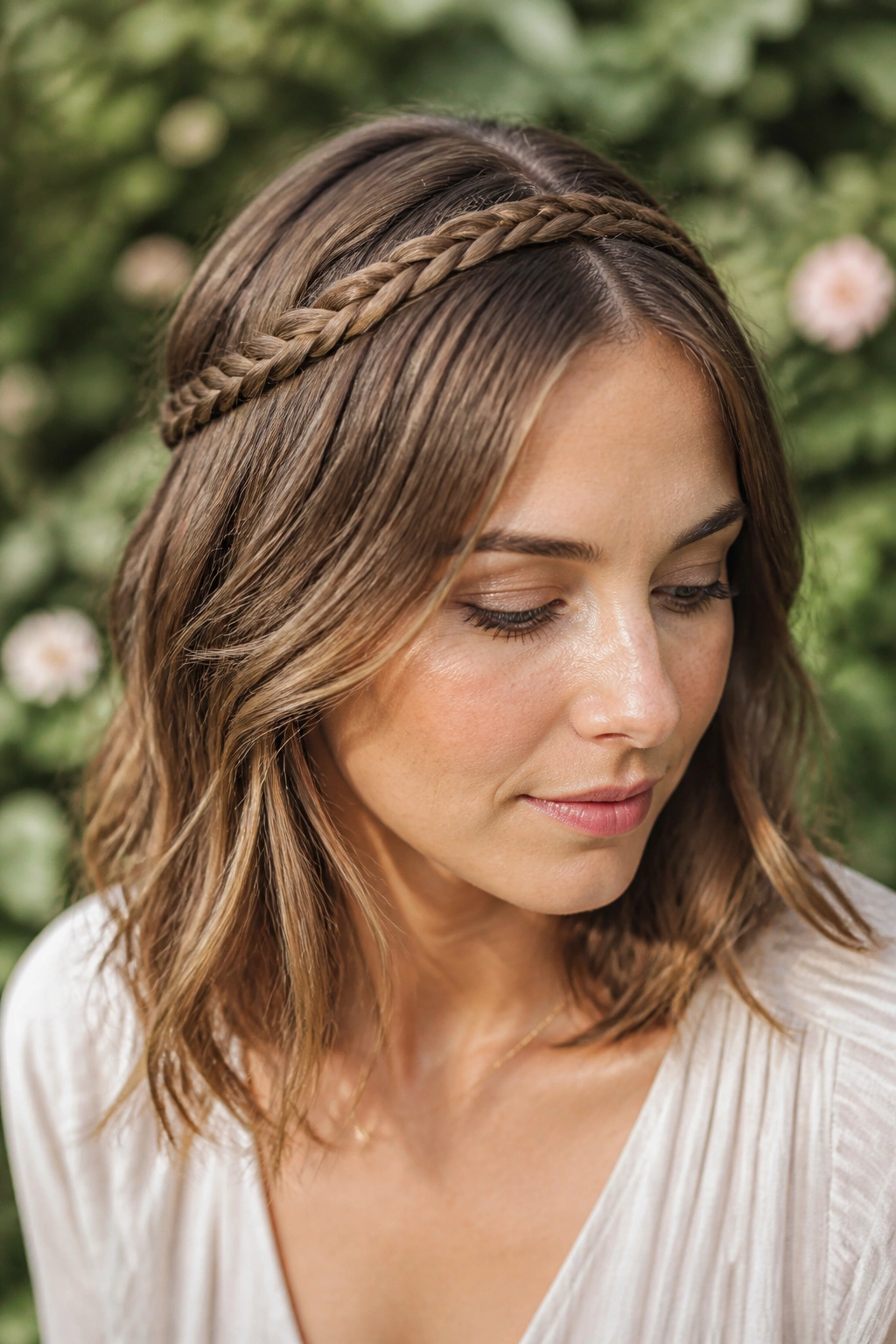 Close-up of a real woman with a half-up crown braided around the head