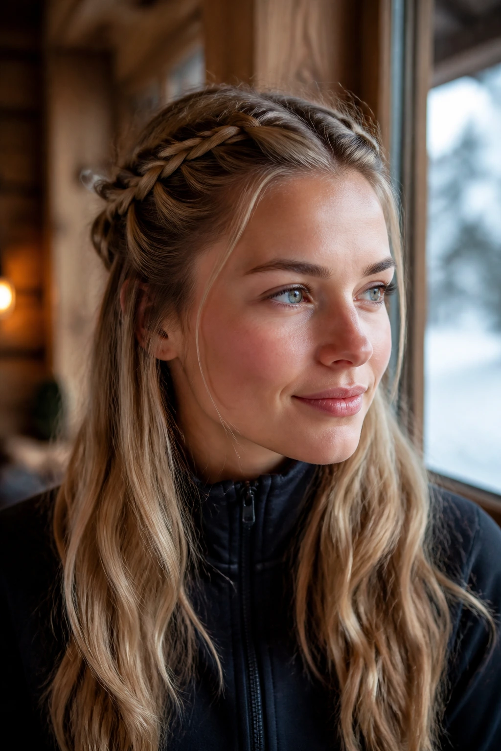 Close-up portrait of a real woman with a half-up braided crown, ski hair under helmet, warm window light.