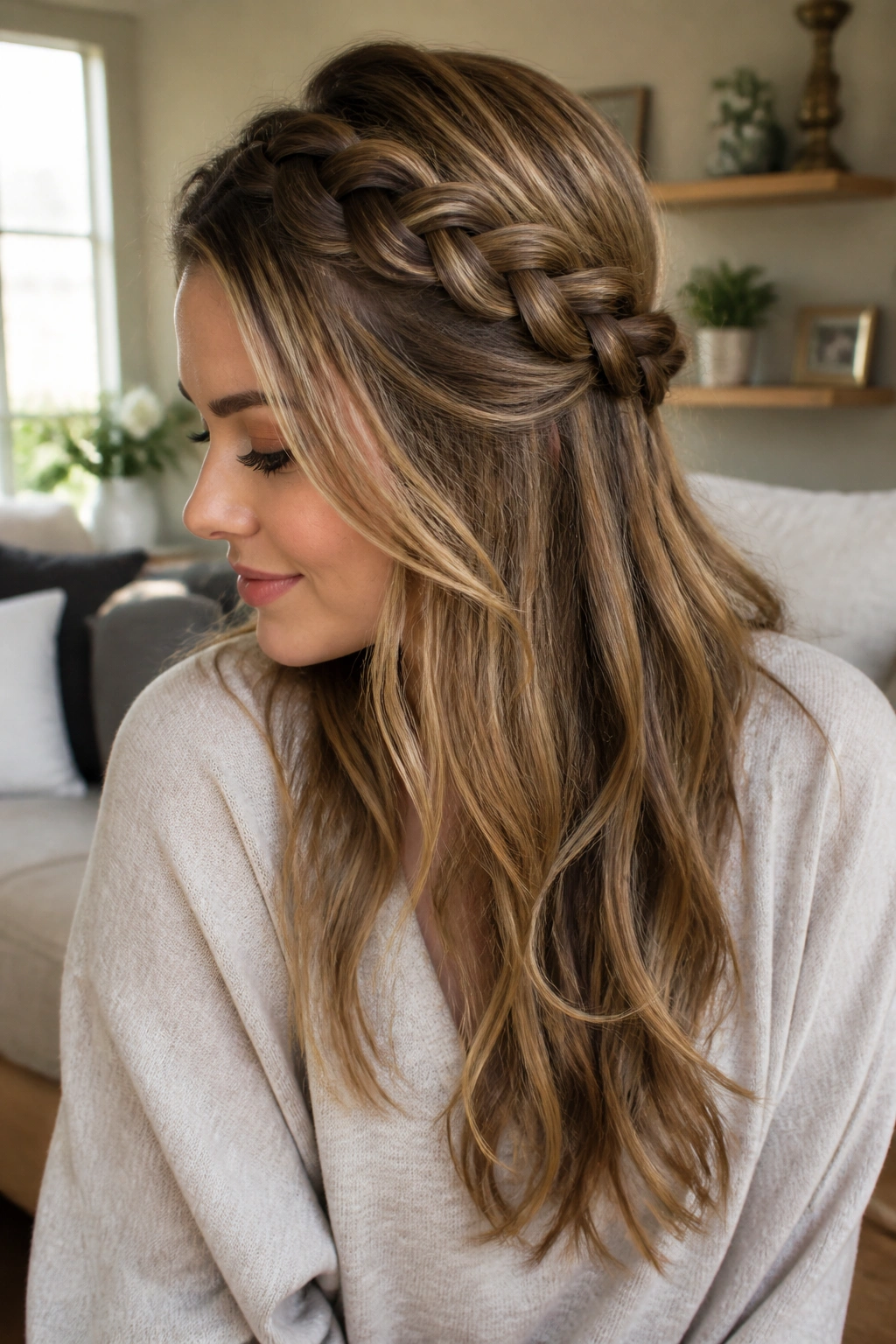 Close-up of a real person with a half-up side braid on long layered hair