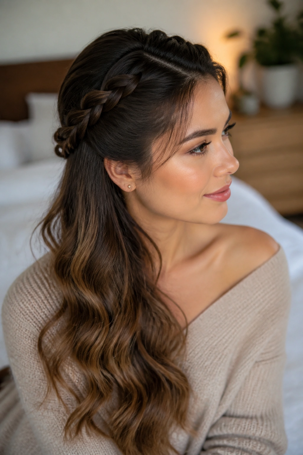 Close-up portrait of a woman showing a half-up side braid with loose hair on one shoulder