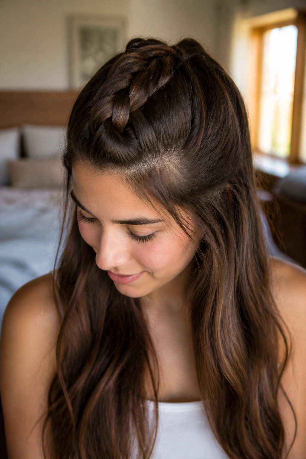Real person with half-up braid, hair flowing below shoulders