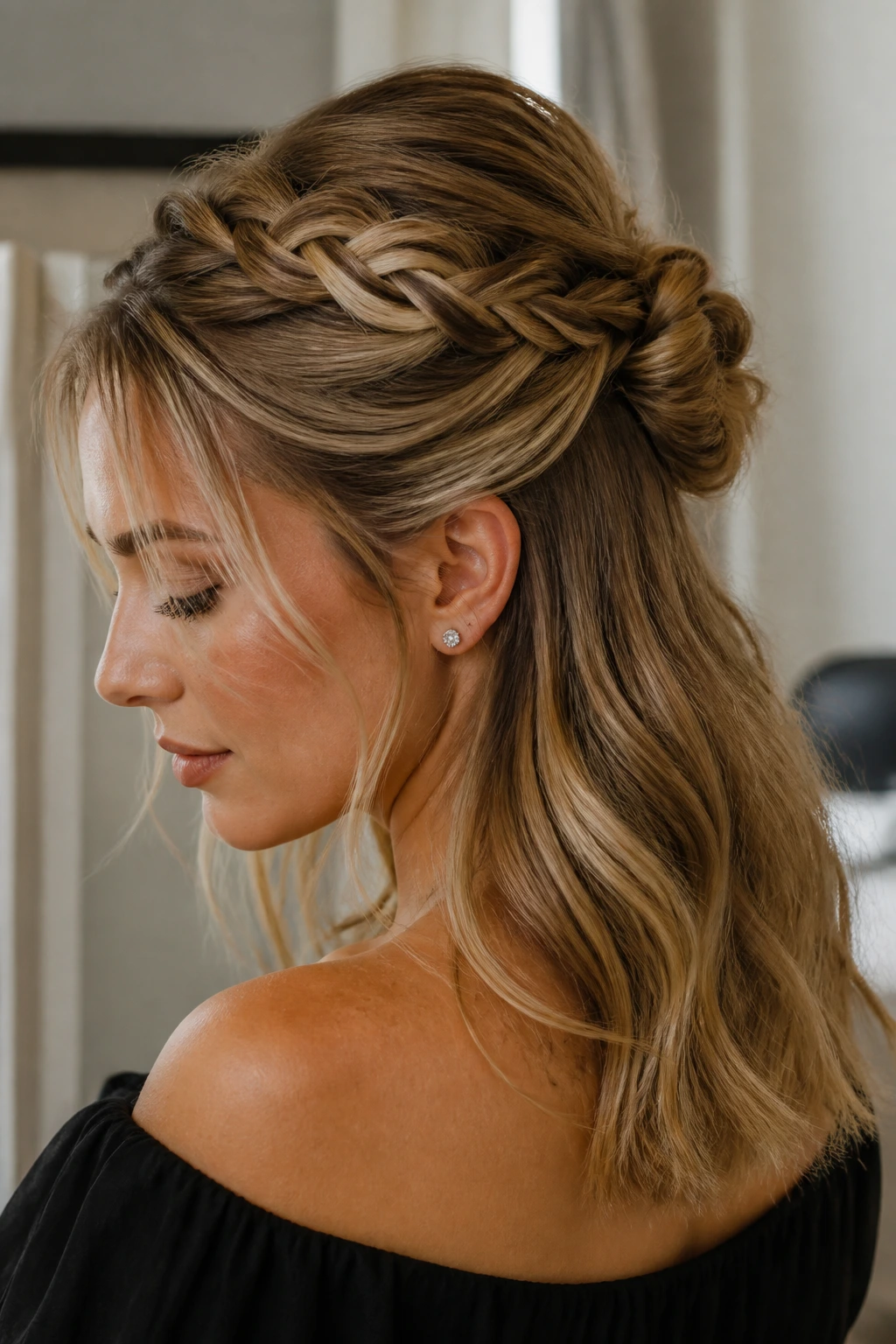 Close-up of real woman's half-up braided chignon with braided top and free lower length