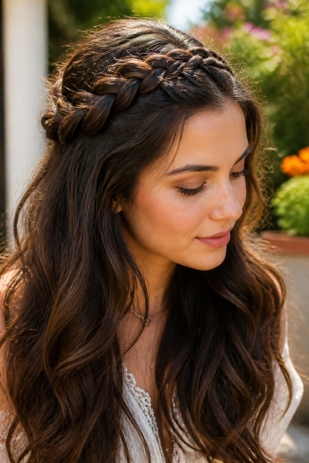 Close-up of real woman with half-up braided crown