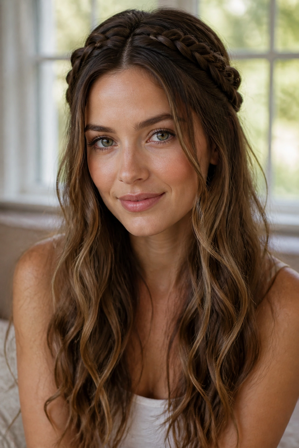 Portrait of a woman with a slim crown braid and loose waves.