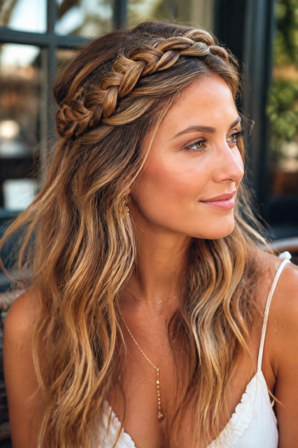 Close-up of a real woman with a soft braided halo across the crown
