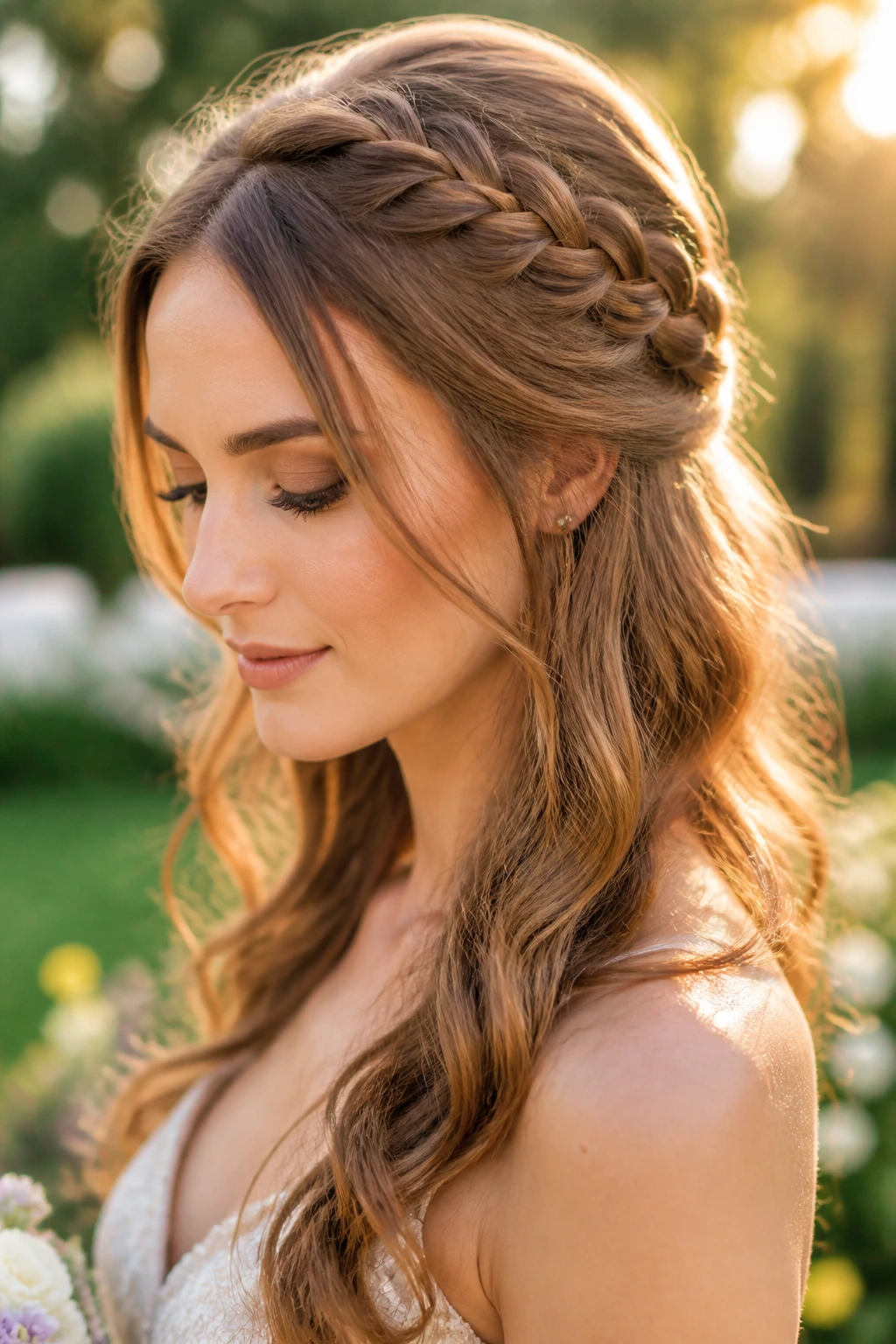 Close-up of a real woman with half-up braided halo and soft waves.