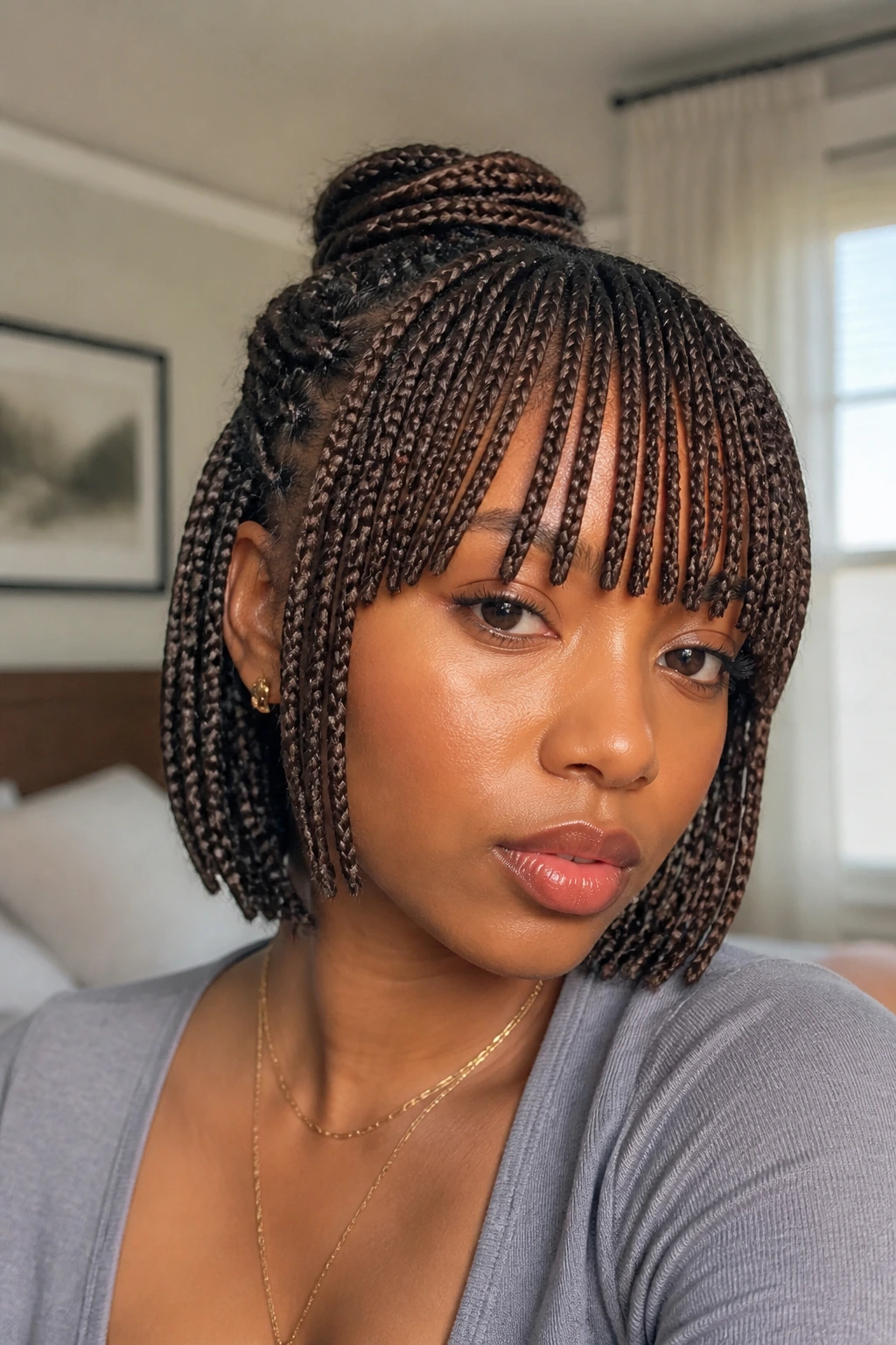 Close-up of a real woman with half-up box braids and fringe bangs in warm natural light