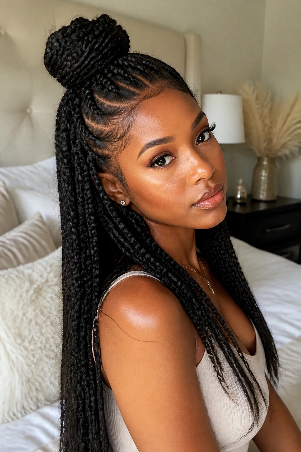 Close-up of a real woman with half-up half-down braids
