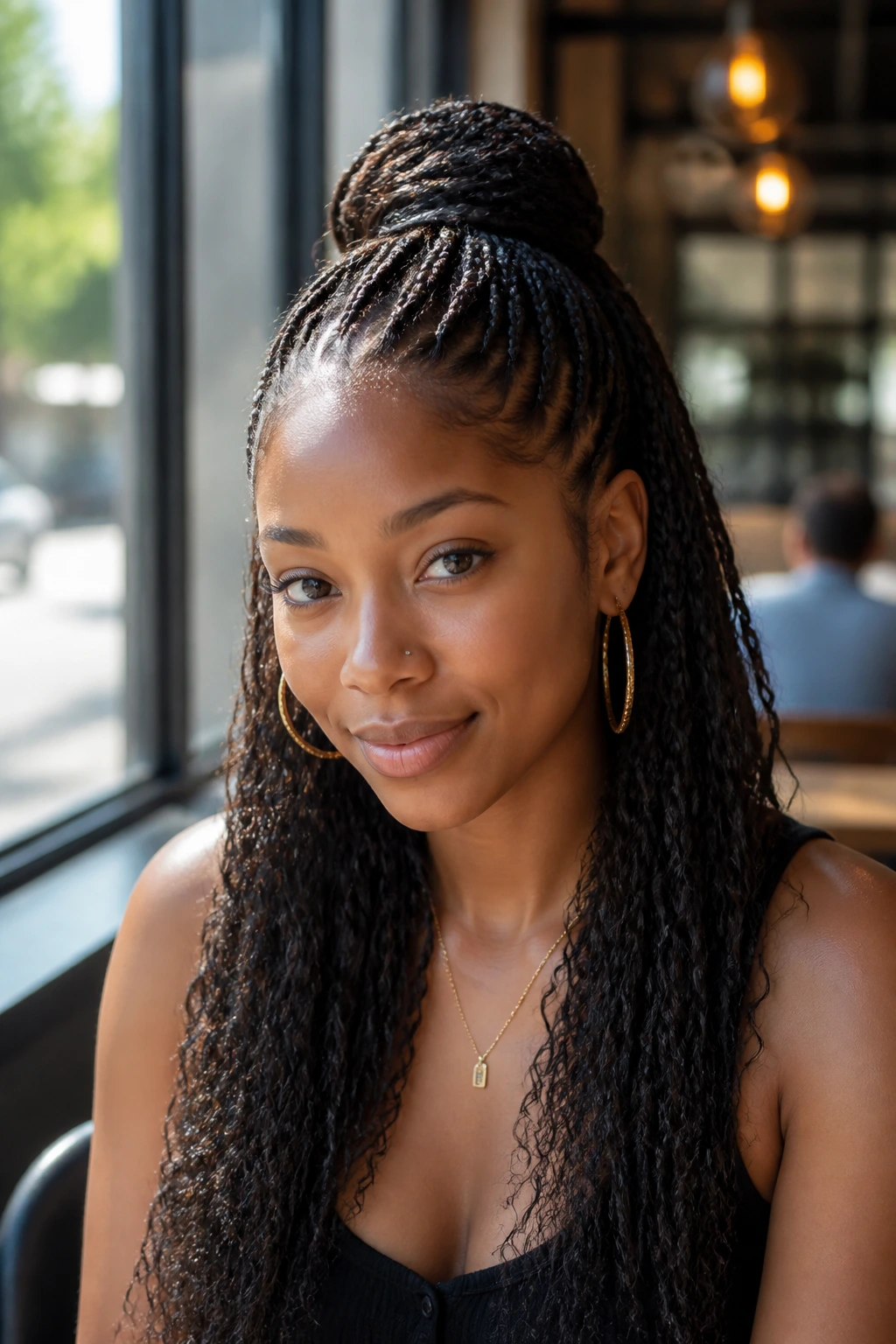 Close-up of half-up half-down braids on a real person.