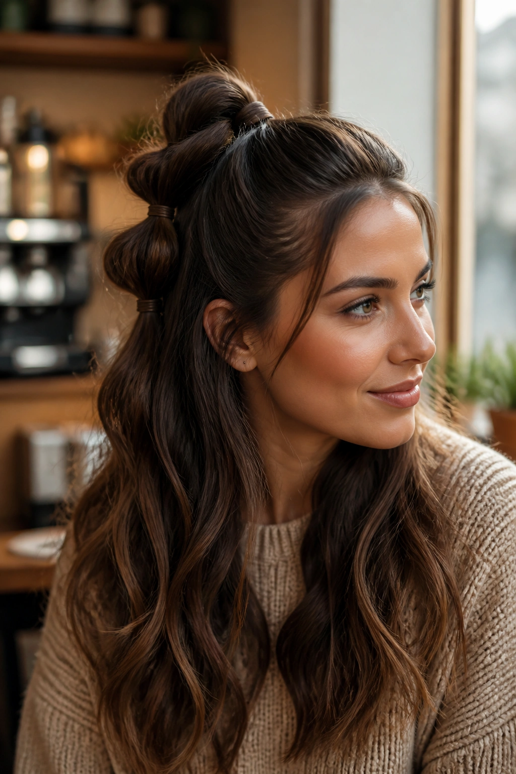 Close-up of a real woman in a half-up bubble ponytail with the top section in bubbles and lower hair down.