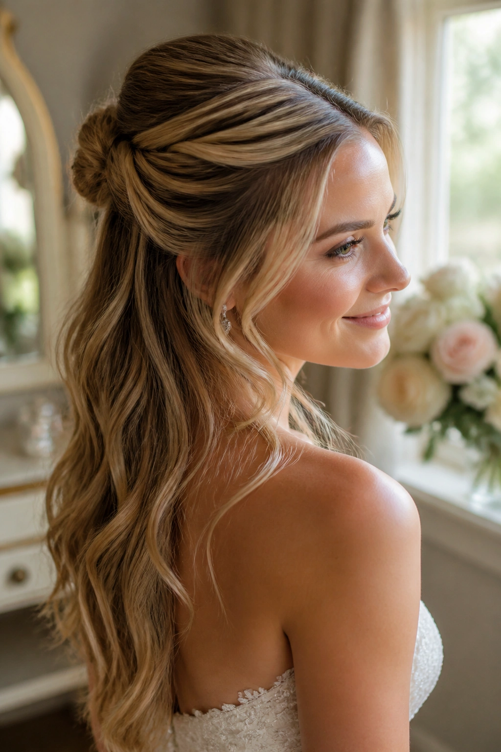 Close-up of a bride's twisted half-up bun with soft waves