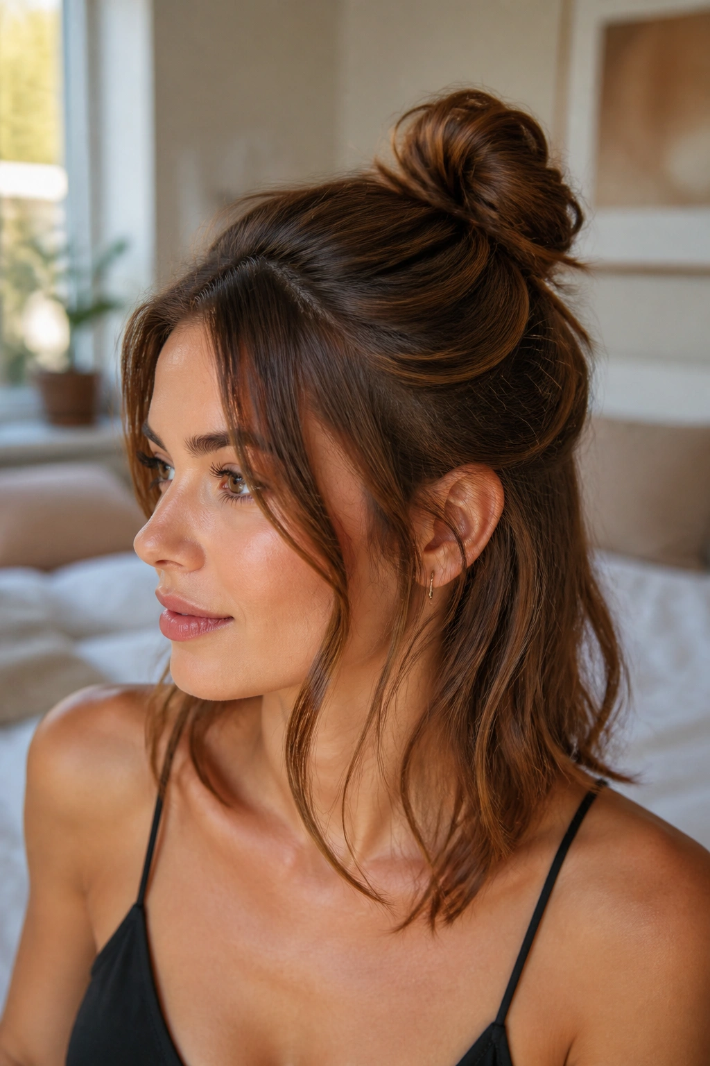 Close-up of a real woman with a small crown bun and face-framing pieces in a softly lit bedroom.