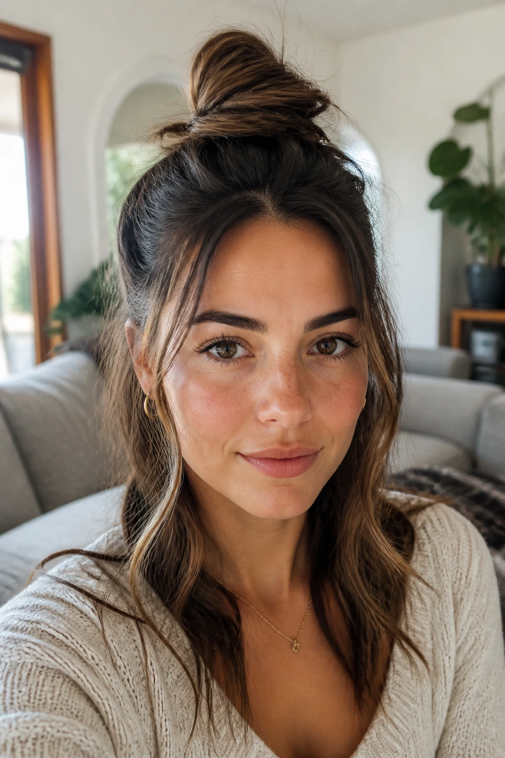 Close-up of a real person wearing a half-up mini bun.