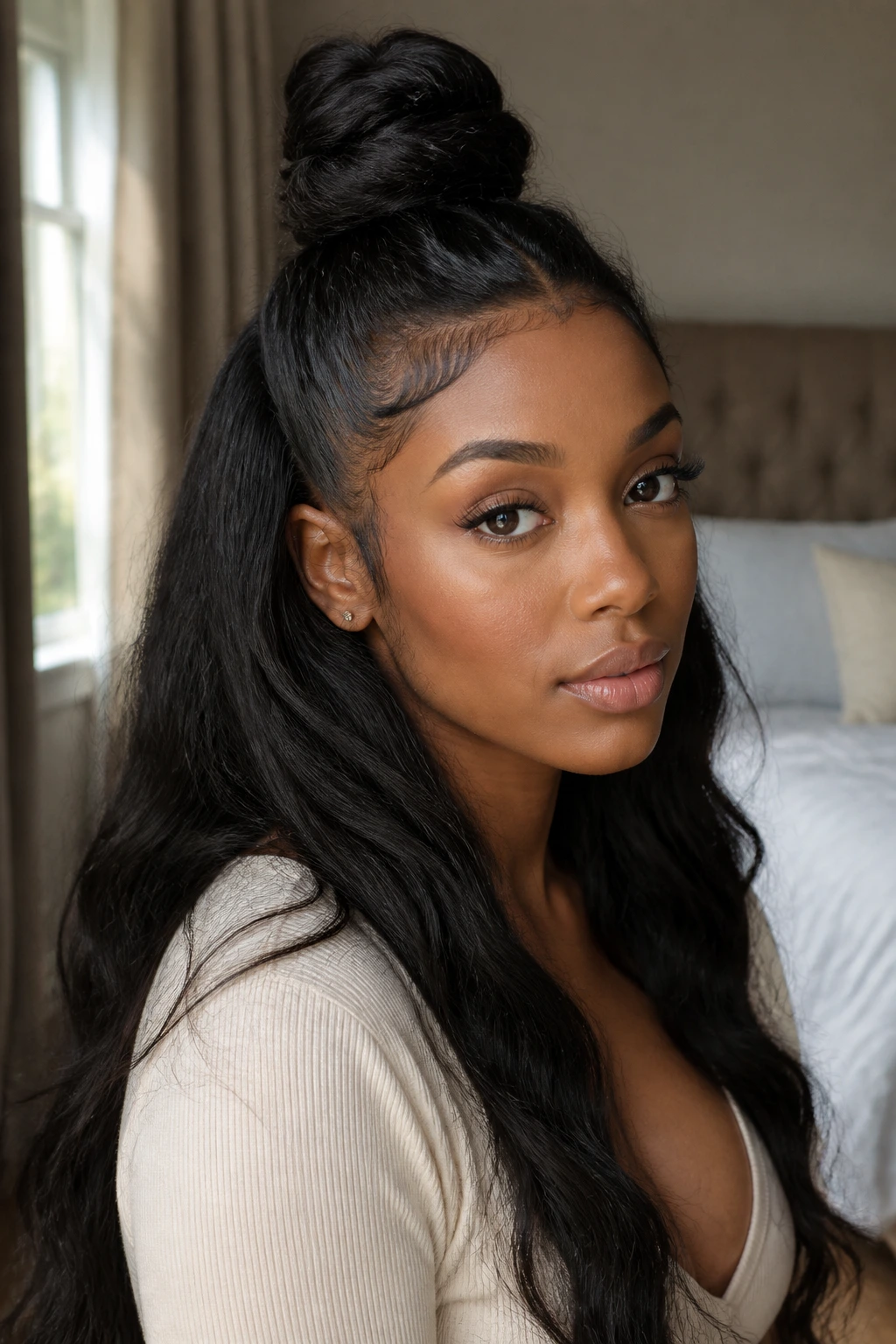 Close-up of a real woman with a half-up bun and long flowing hair in warm natural light