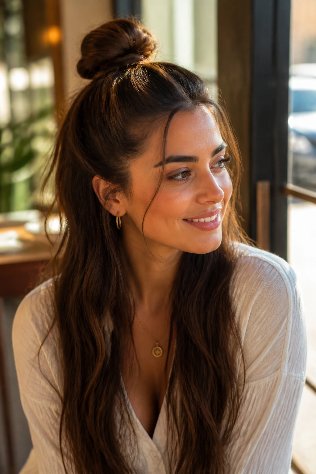 Close-up of a real woman with a half-up bun and long flowing hair