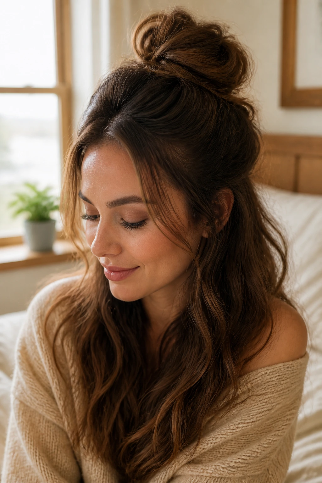 Close-up portrait of a real woman with a crown half-up bun in a cozy bedroom setting