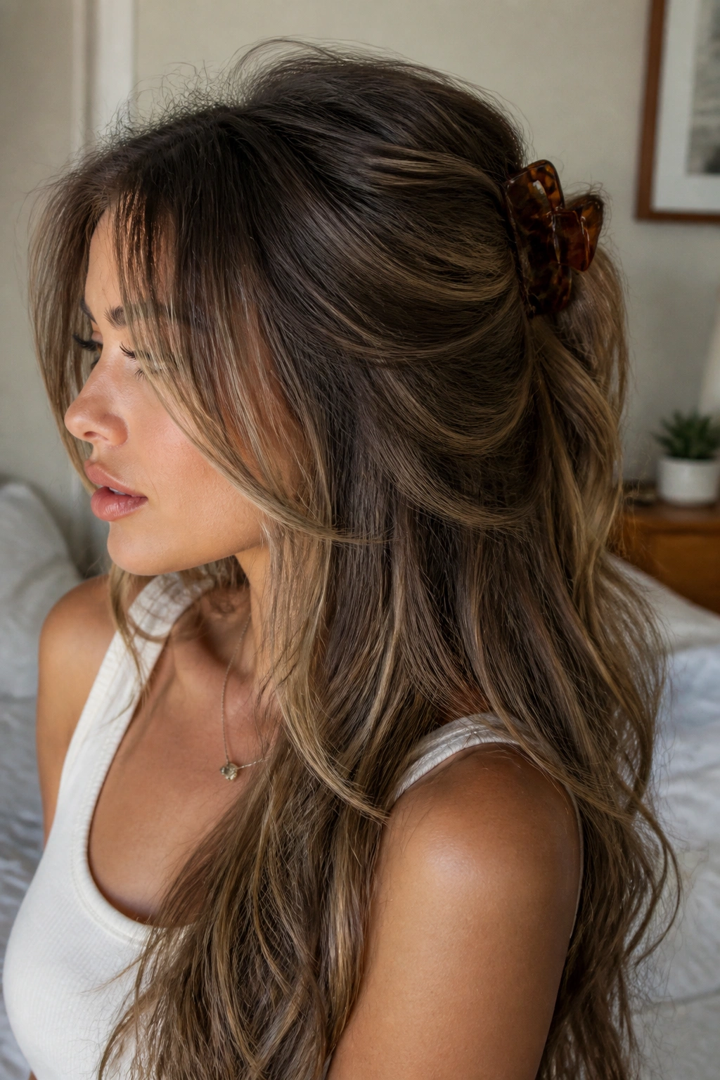 Close-up of a real woman with half-up butterfly hairstyle using a claw clip