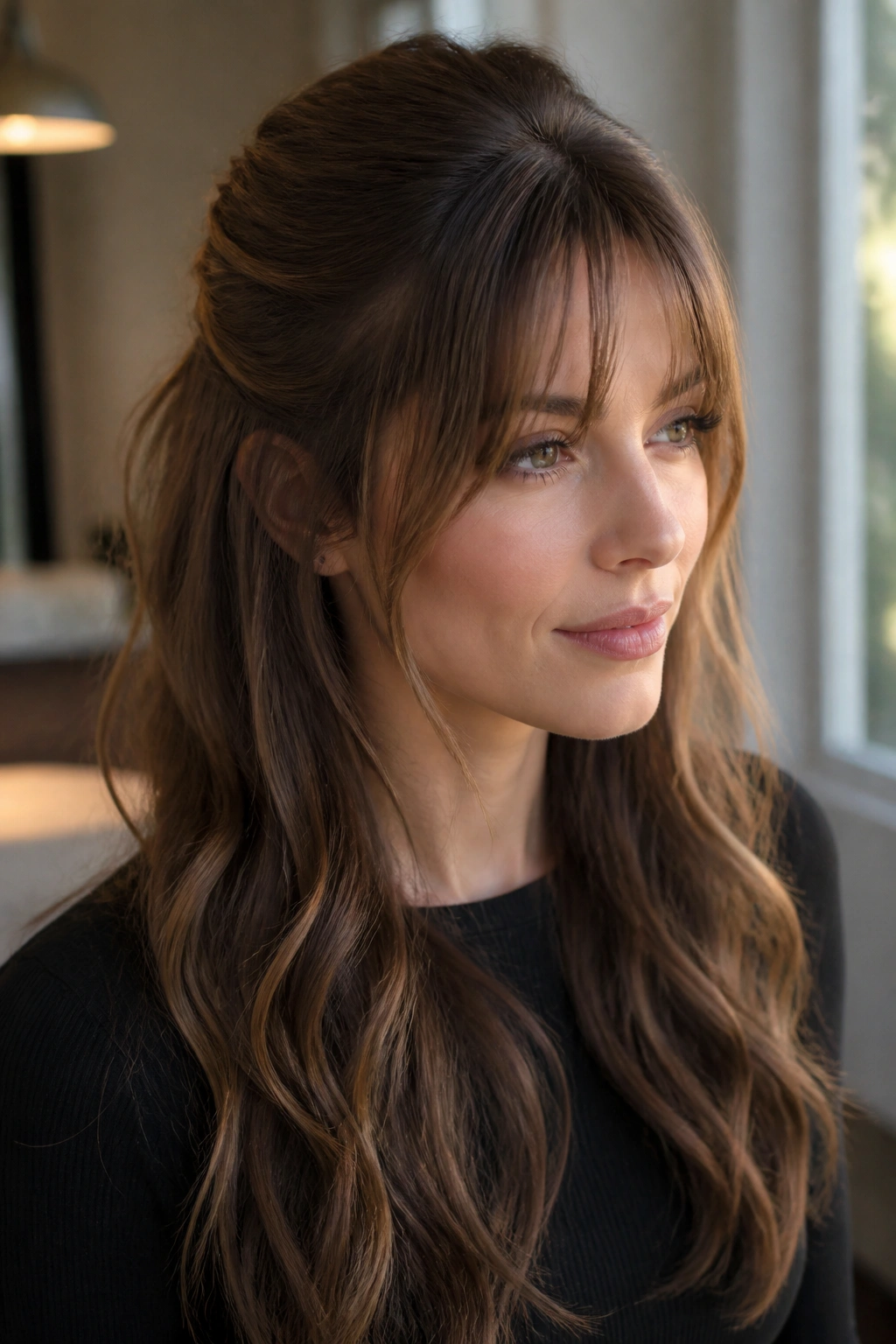 Close-up portrait of a real woman with a soft half-up cascade and blended bangs in natural window light