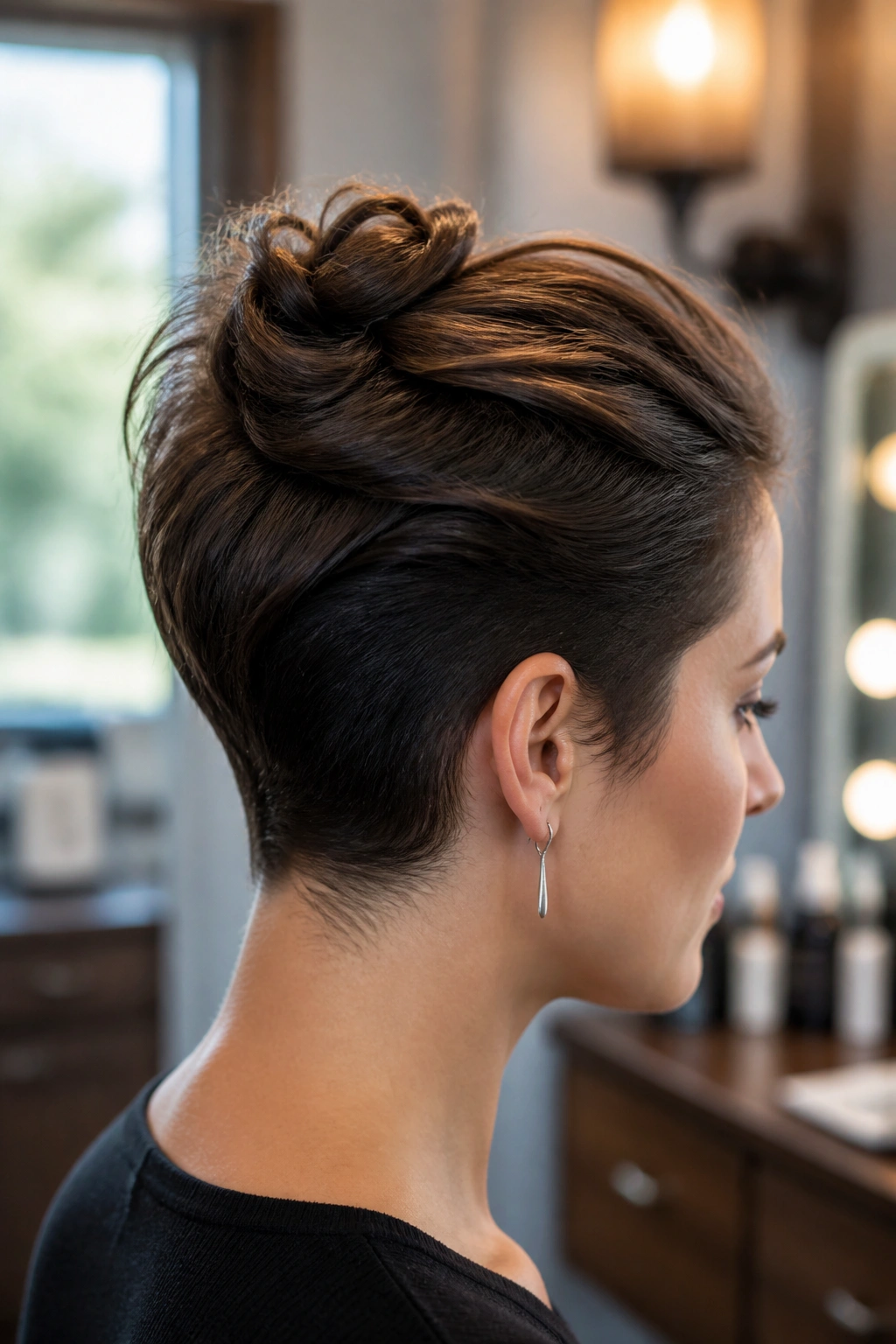 Close-up portrait of a real woman wearing a half-up mini chignon on a longer pixie