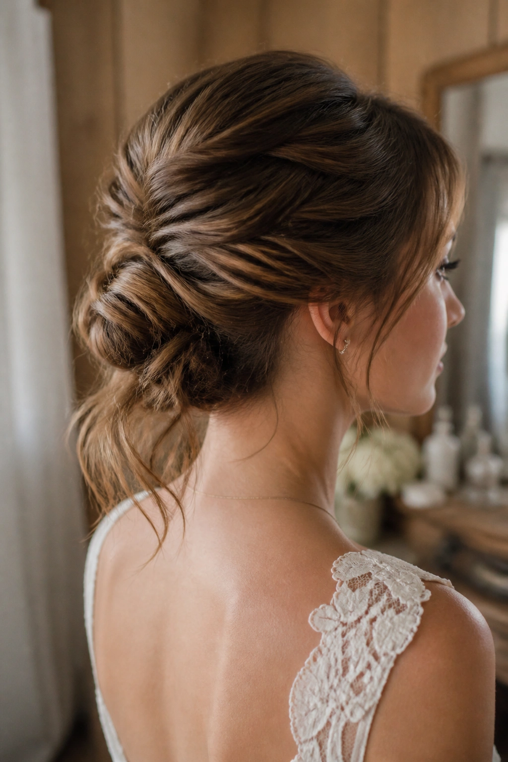 Close-up of a real woman with a half-up chignon twist and loose strands.