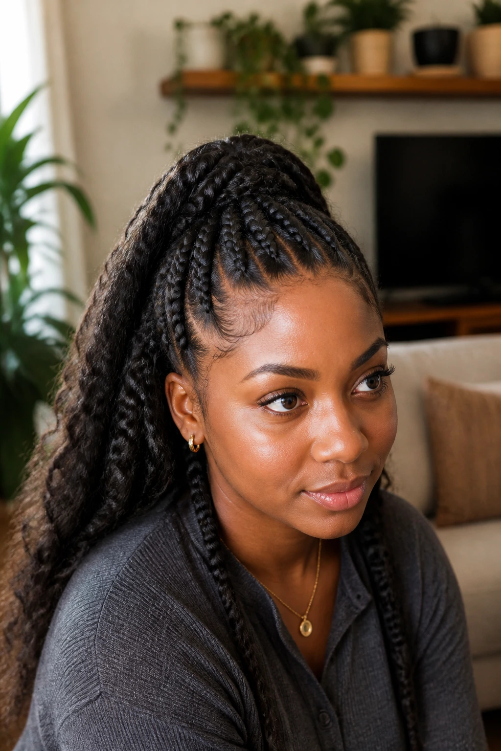 Close-up of a real person with half-up half-down chunky braids