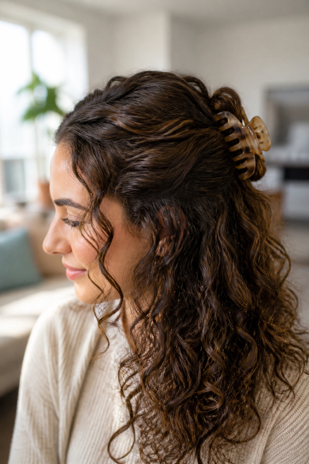 Close-up of a real woman with a twisted half-up hairstyle secured by a claw clip.