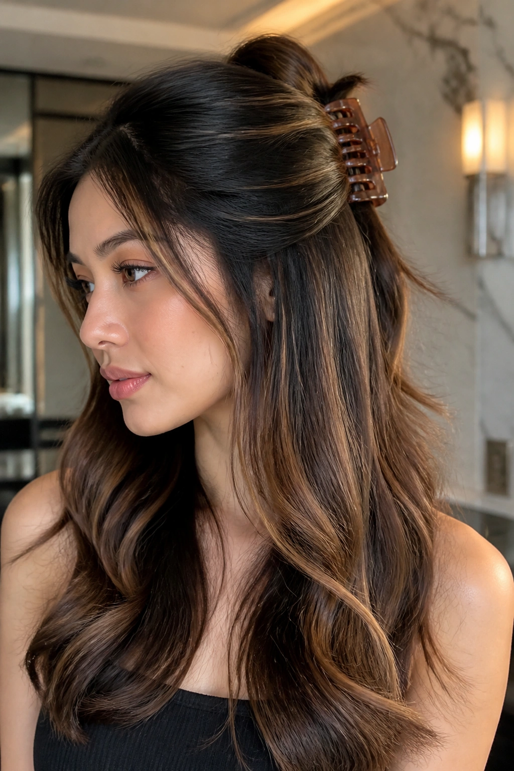 Close-up portrait of a real person with Half-Up Claw Clip and Honey Brown Lift