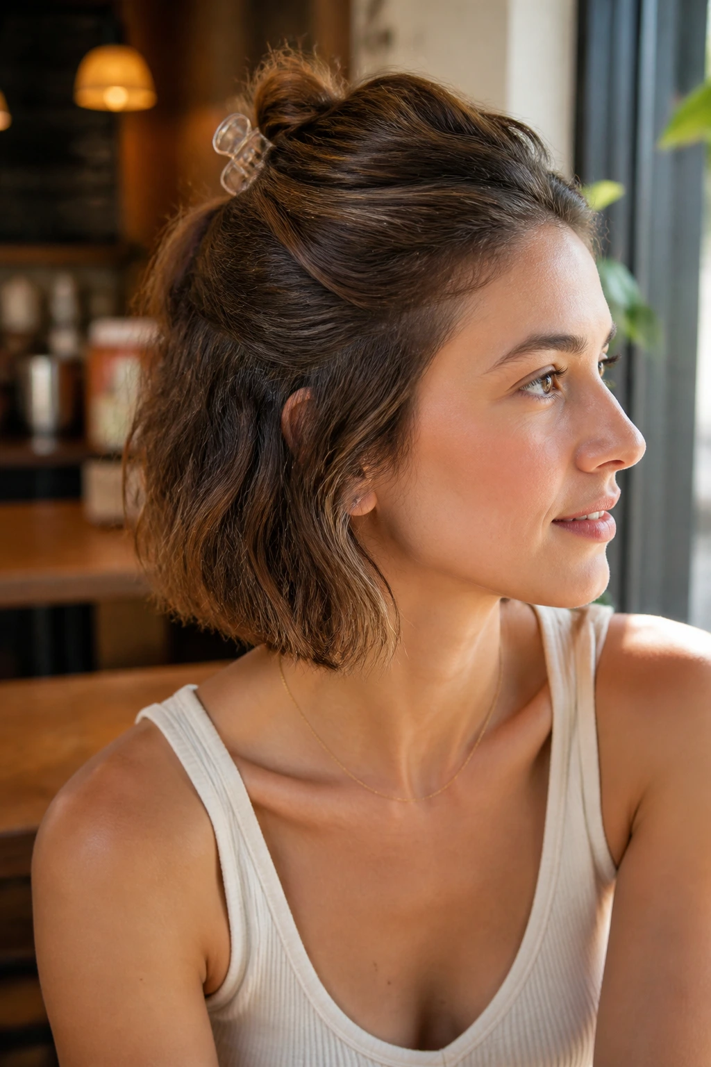 Close-up of a real woman with a half-up twist secured by a claw clip
