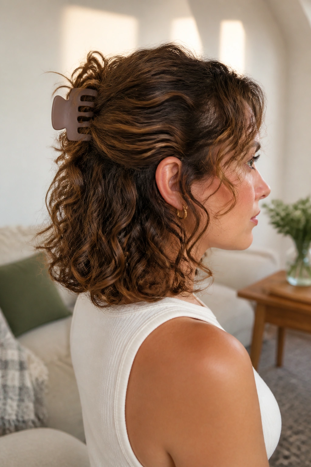 Portrait of a real woman wearing a matte medium claw clip on a half-up curly bob