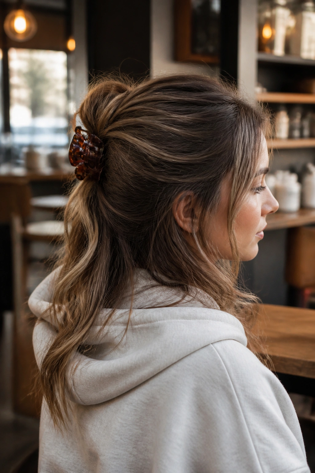 Real person with half-up twist secured by claw clip under hoodie