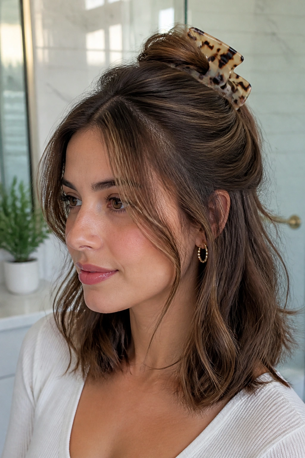 Close-up of half-up claw clip twist on a real woman