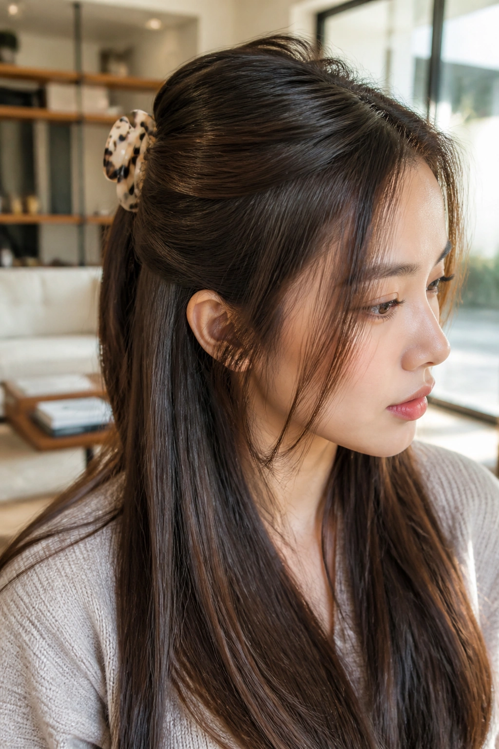 Close-up of a real woman with half-up twisted hairstyle secured by a claw clip