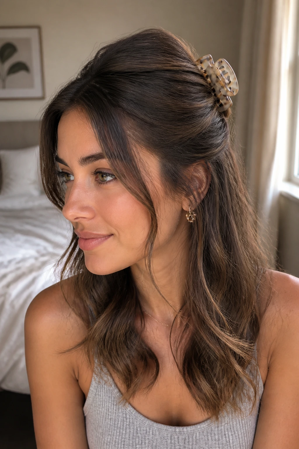 Close-up of a woman with a half-up twist secured by a claw clip