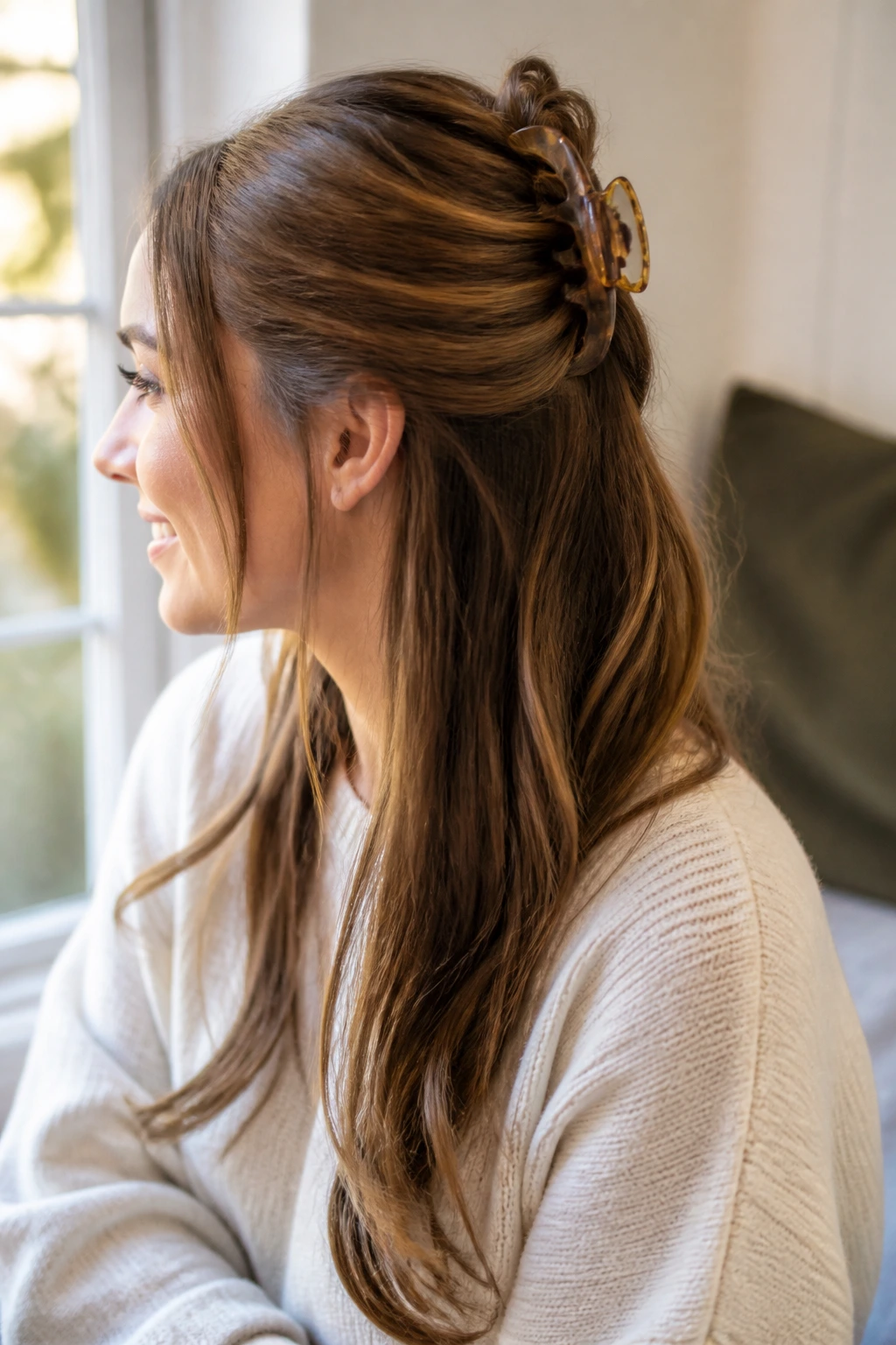 Real woman with half-up twist secured by claw clip