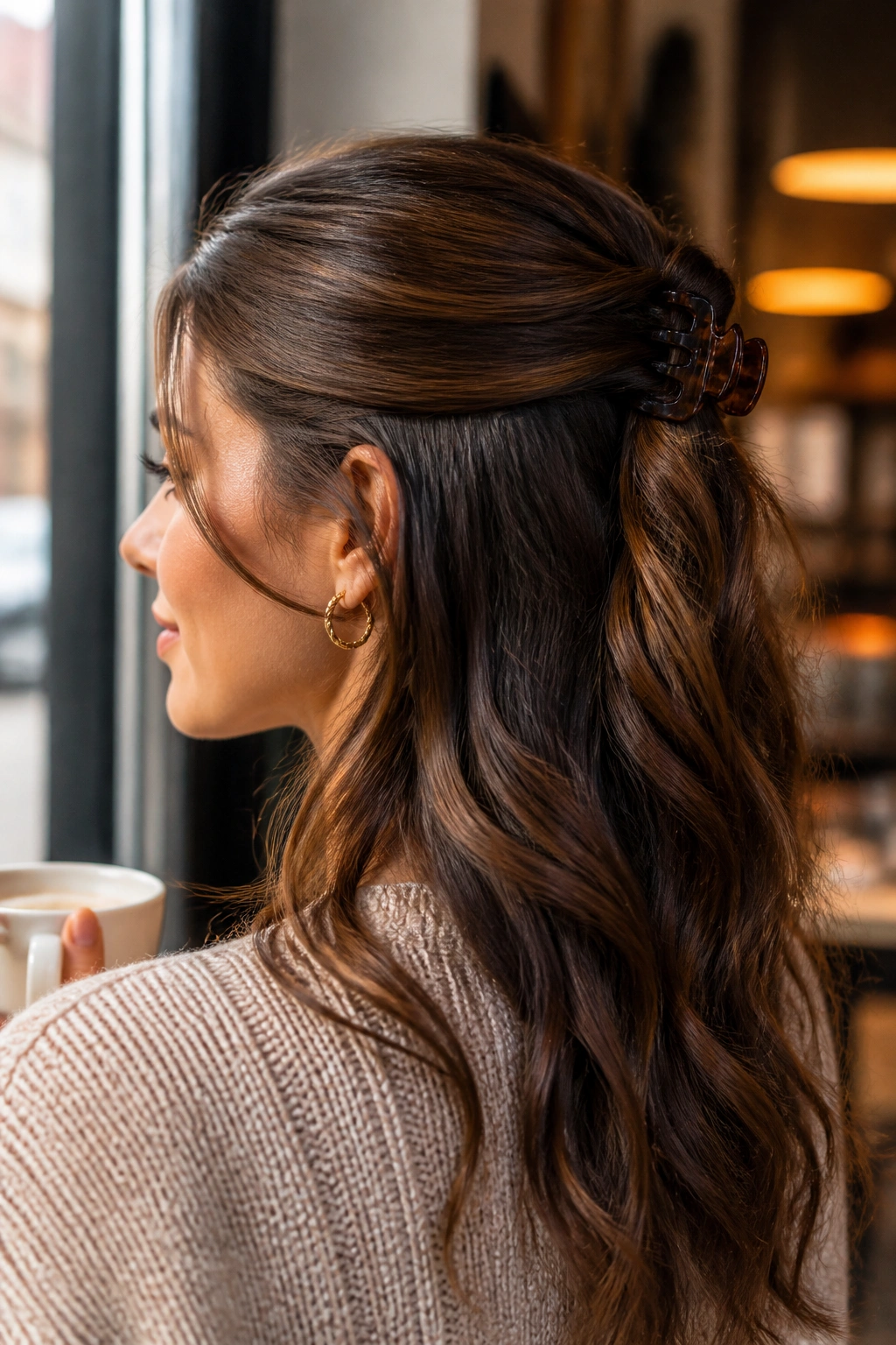 Portrait of a woman with half-up twist secured by a curved clip