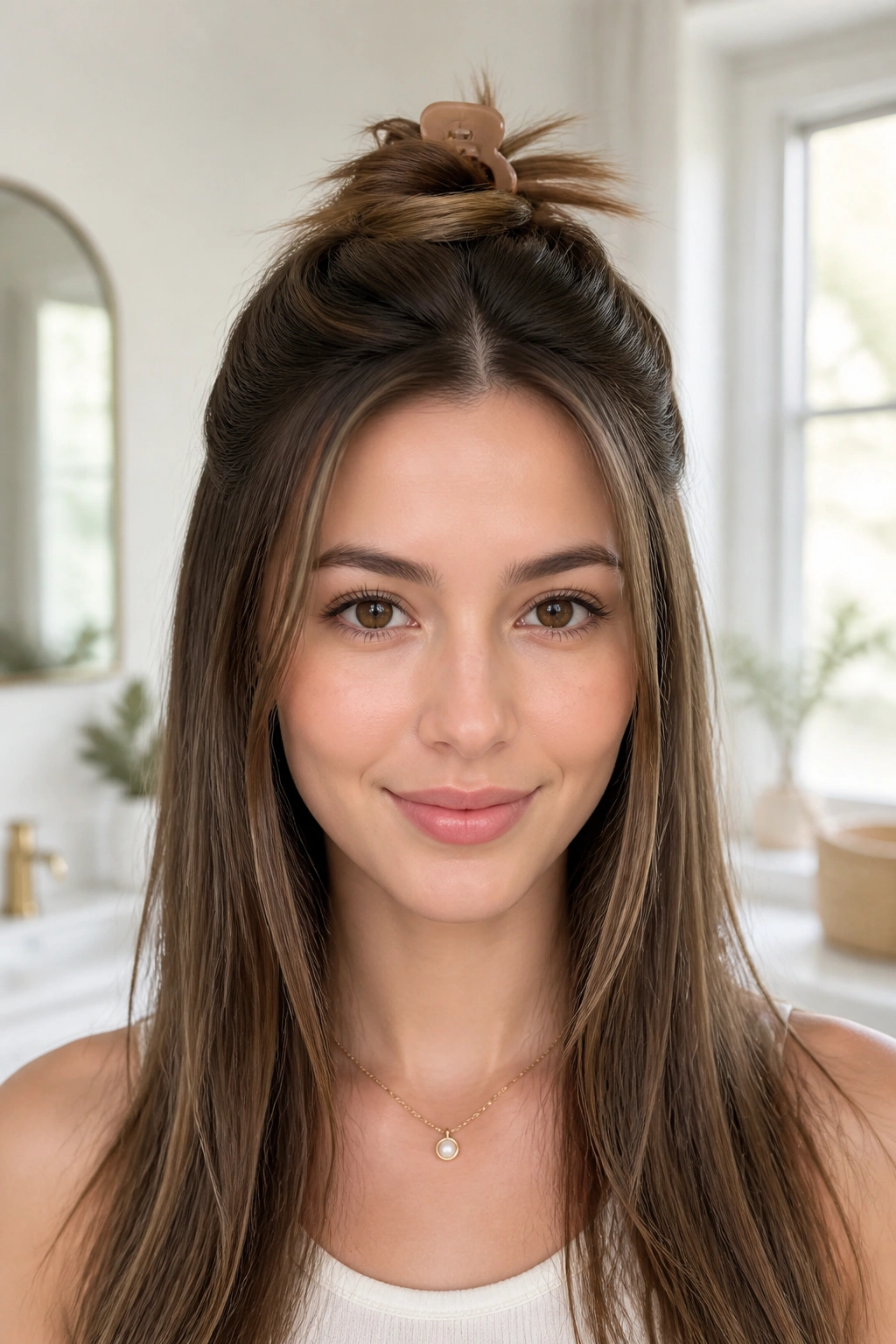 Close-up of a woman with a half-up twist secured by a claw clip.