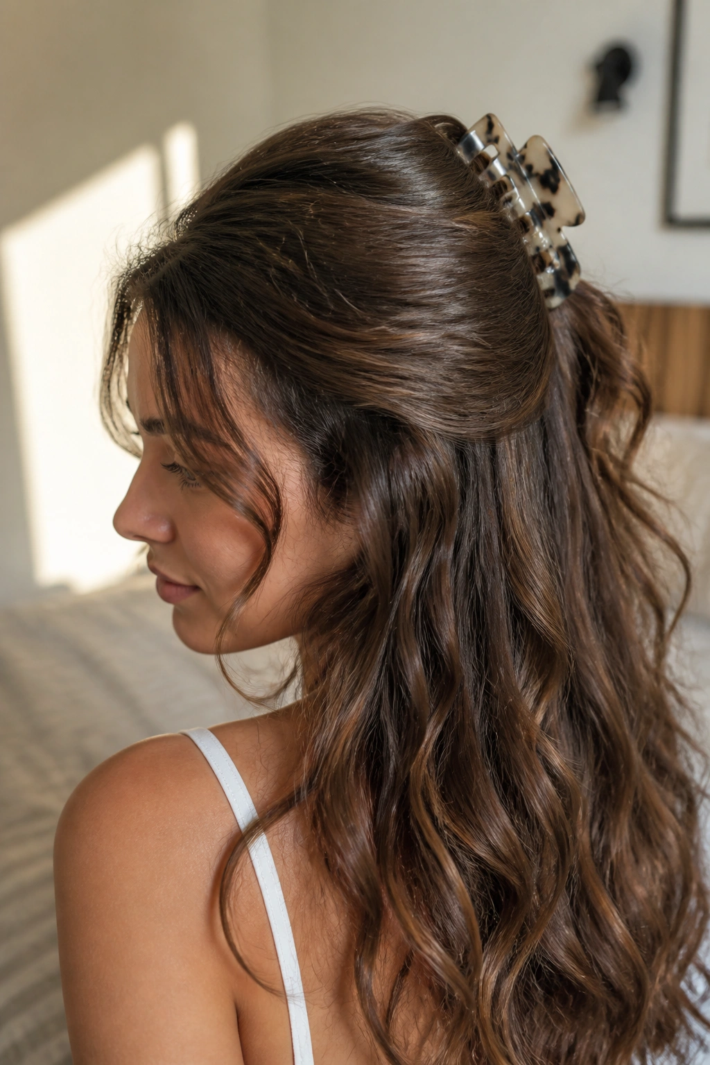 Close-up of a real woman with half-up claw clip waves.