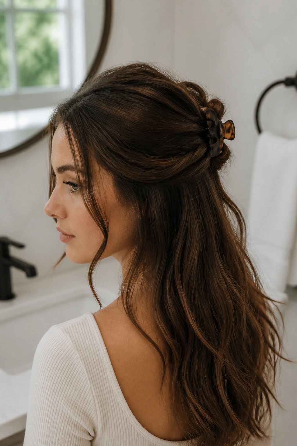 Close-up of a real woman with a half-up twist clipped by a claw clip