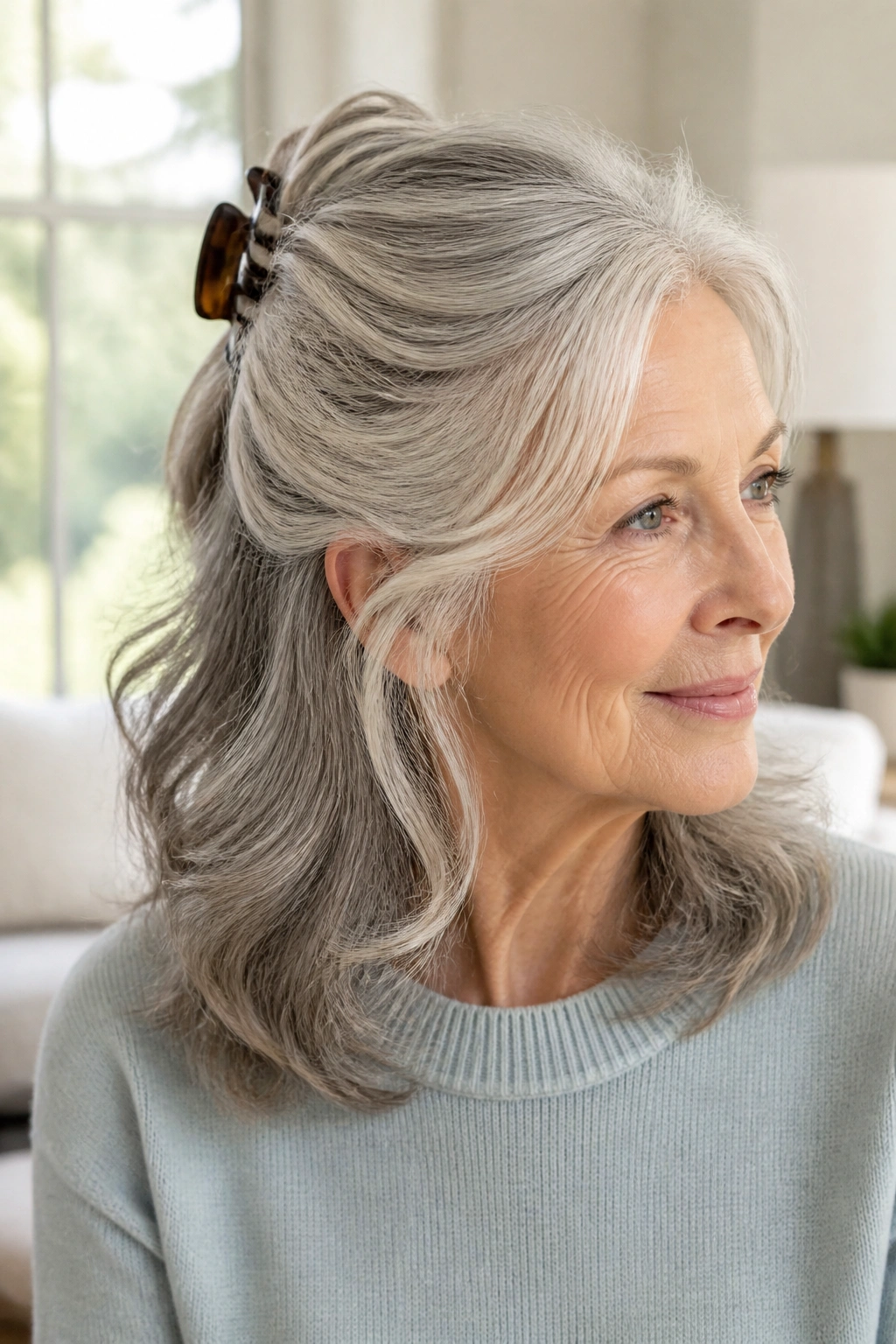 Close-up of an older woman with half-up clip style and grey hair