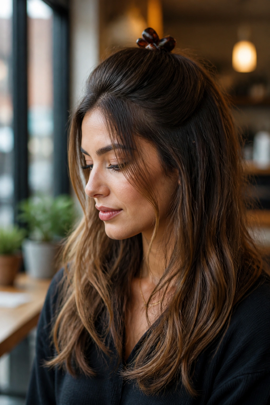 Real woman wearing a half-up clip style with the top section secured by a clip.