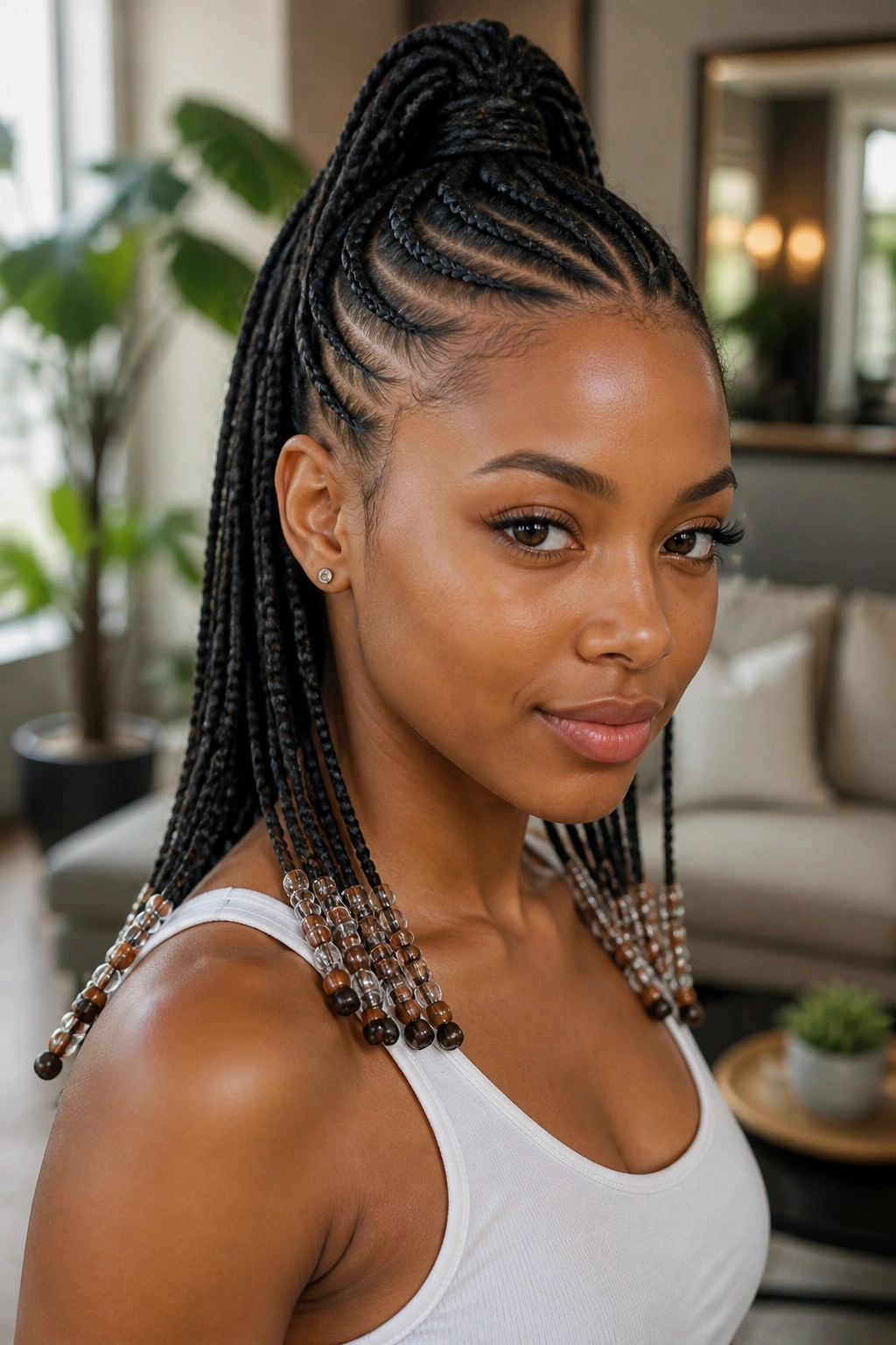 Medium close-up of a real woman's head wearing half-up half-down cornrows with beaded tips