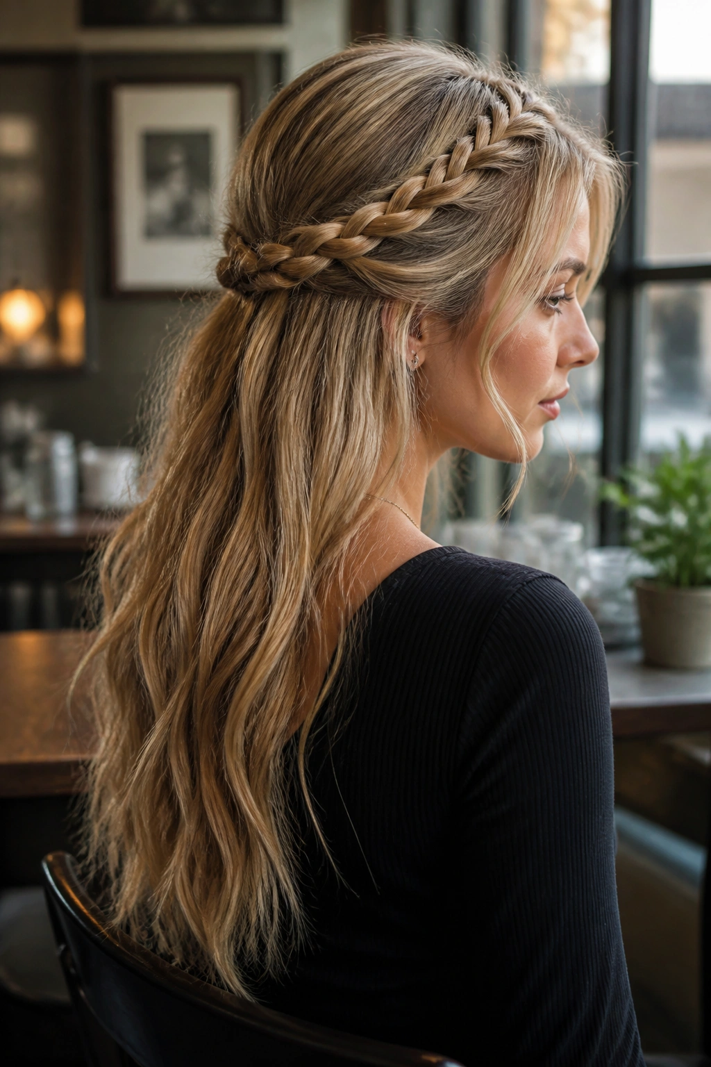 Portrait of a real woman with a half-up crown braid around the crown