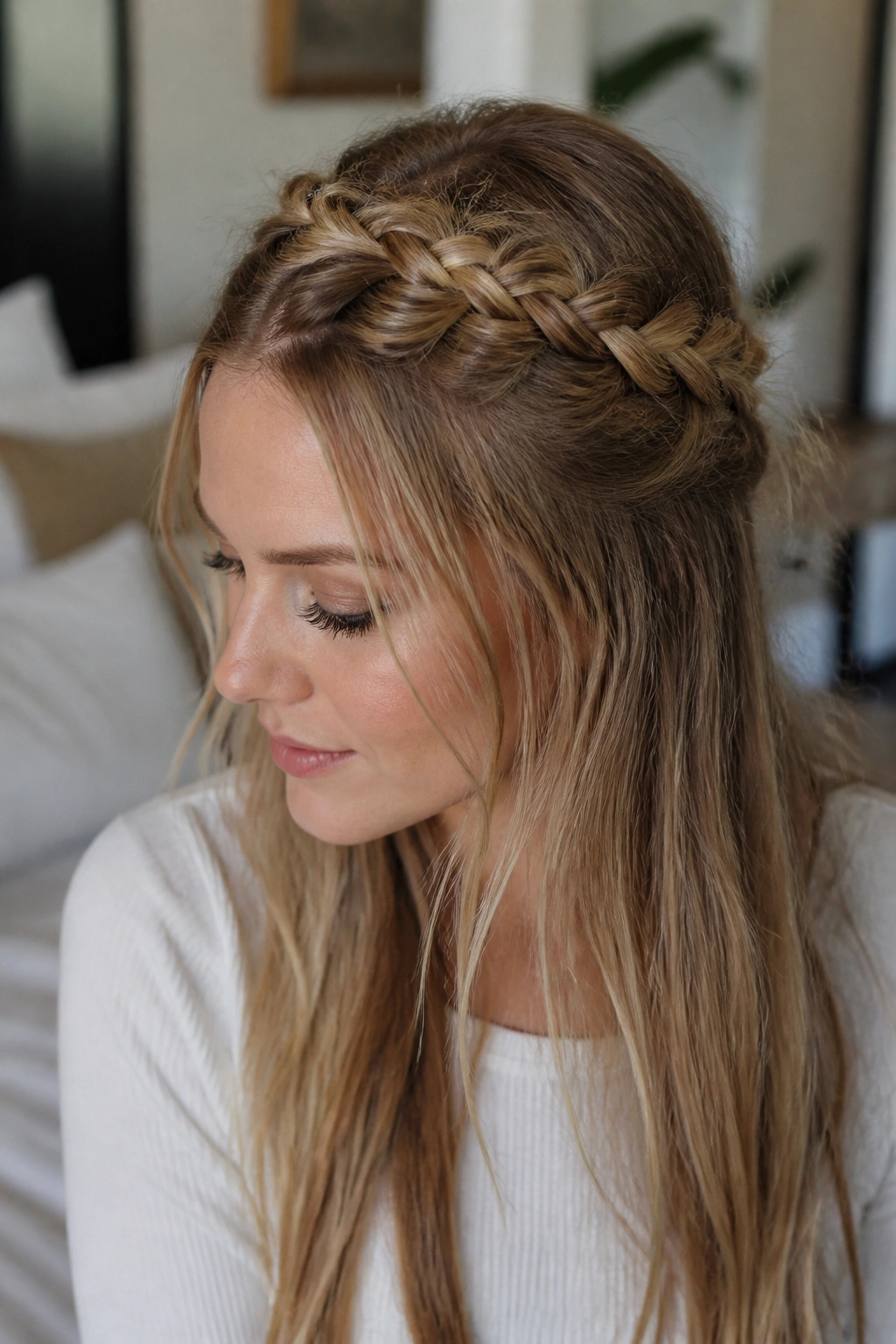 Close-up of a real woman with a half-up crown braid, soft light and relaxed expression