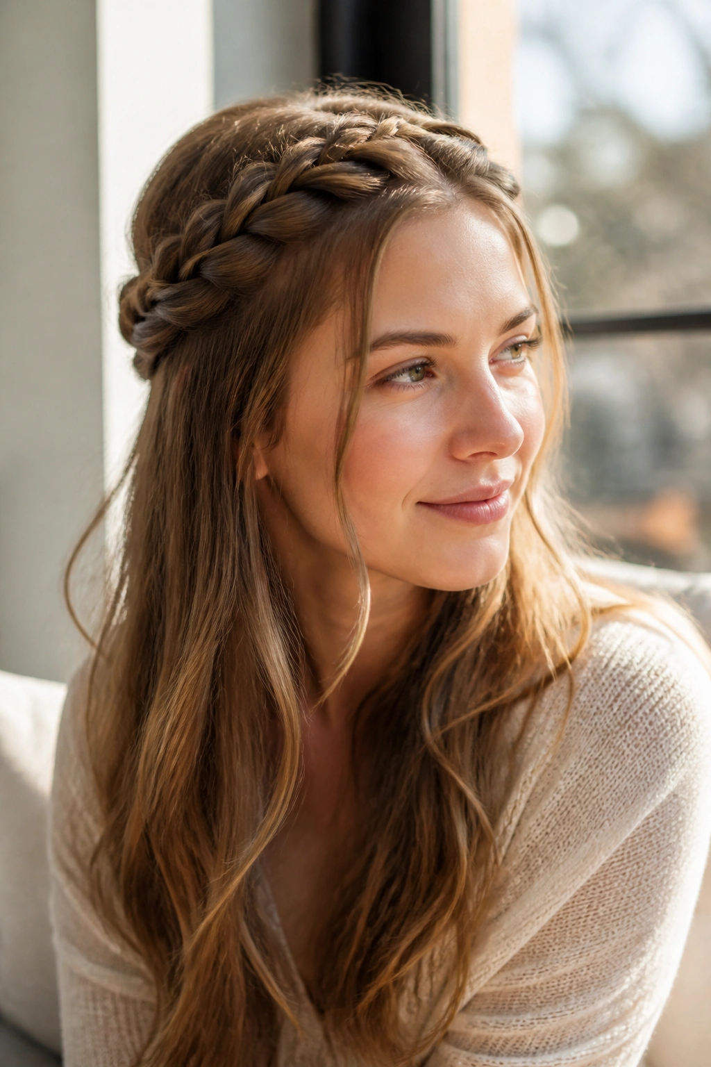 Close-up portrait of a real woman with a crown braid along the hairline, front pulled back