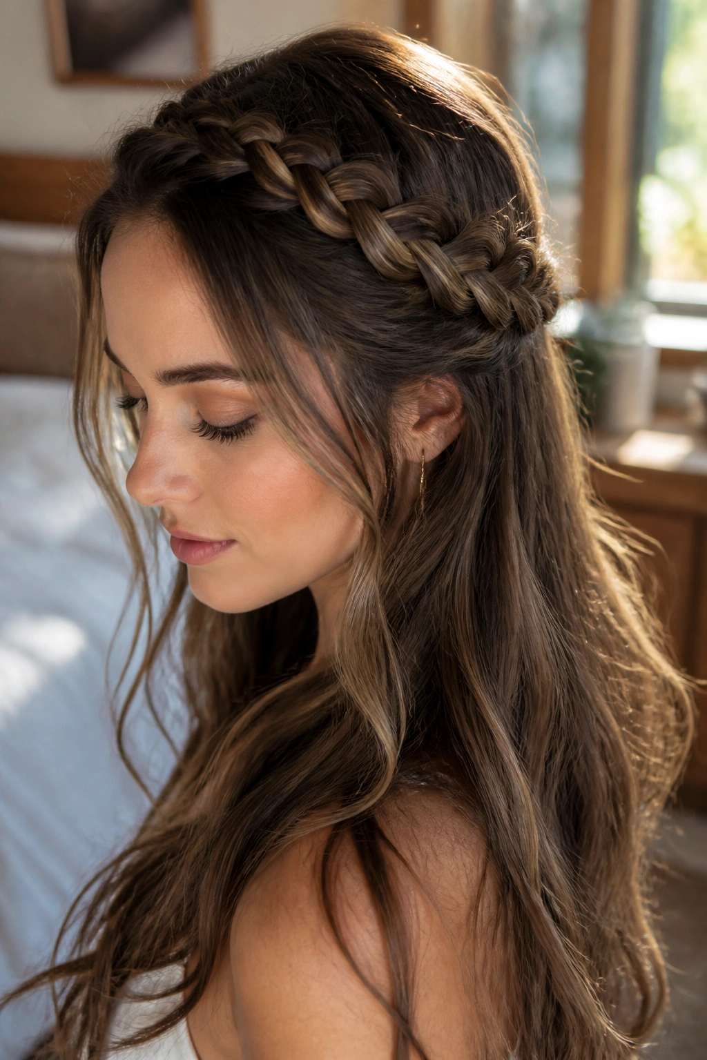 Close-up of a real woman with a half-up crown braid in warm window light.