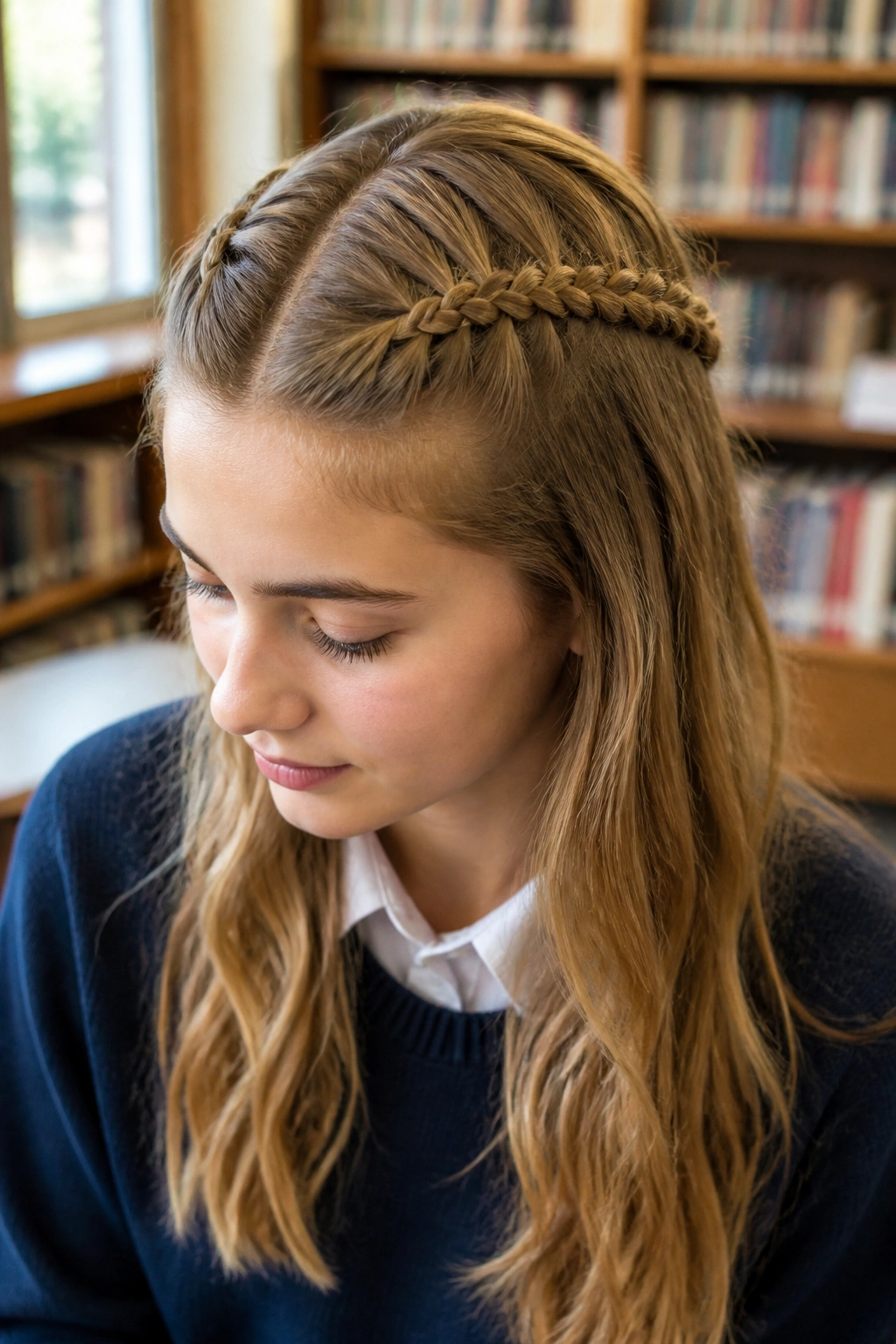 Close-up of a real student wearing a half-up crown braid in a library corner.