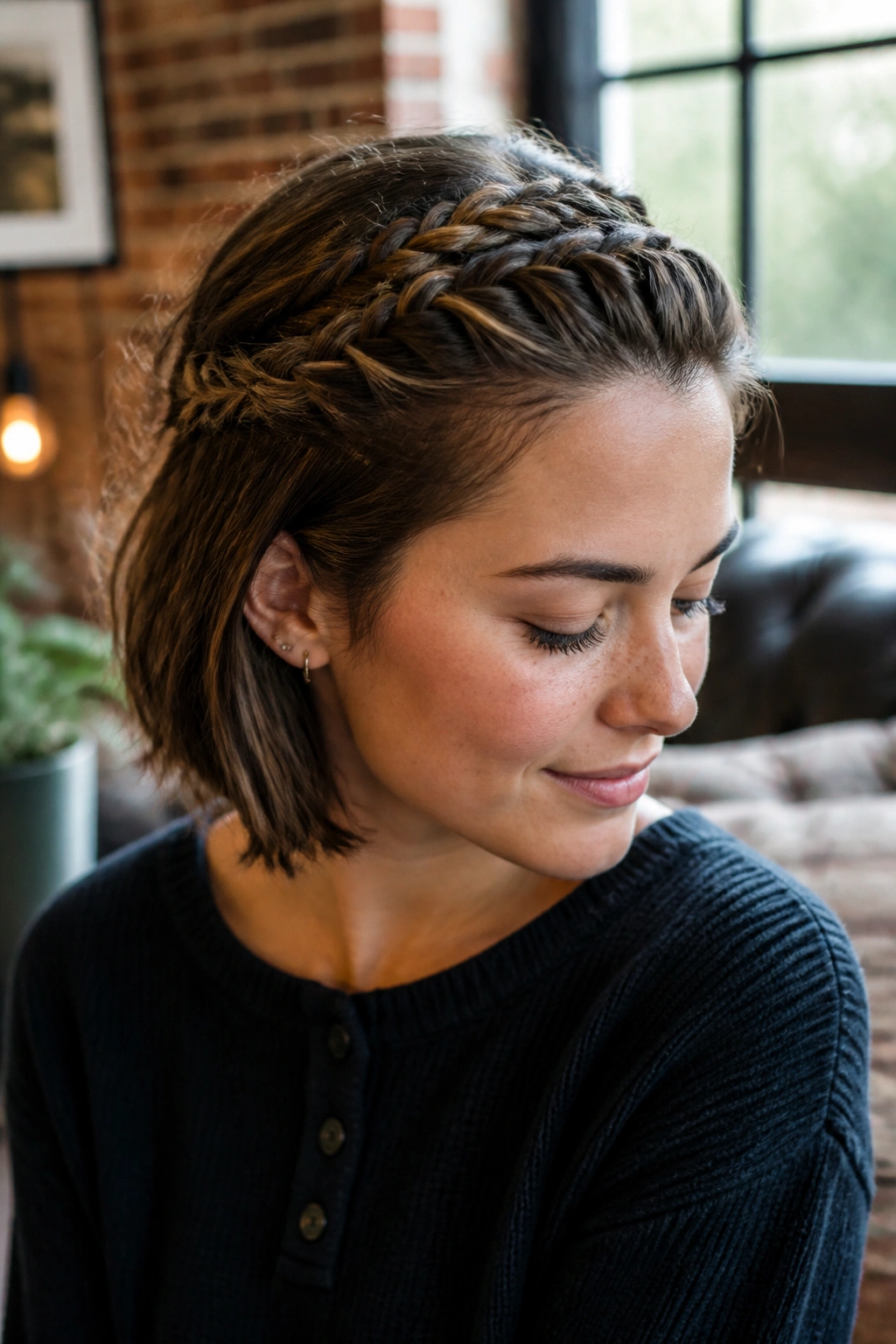 Close-up of real person with half-up crown braids