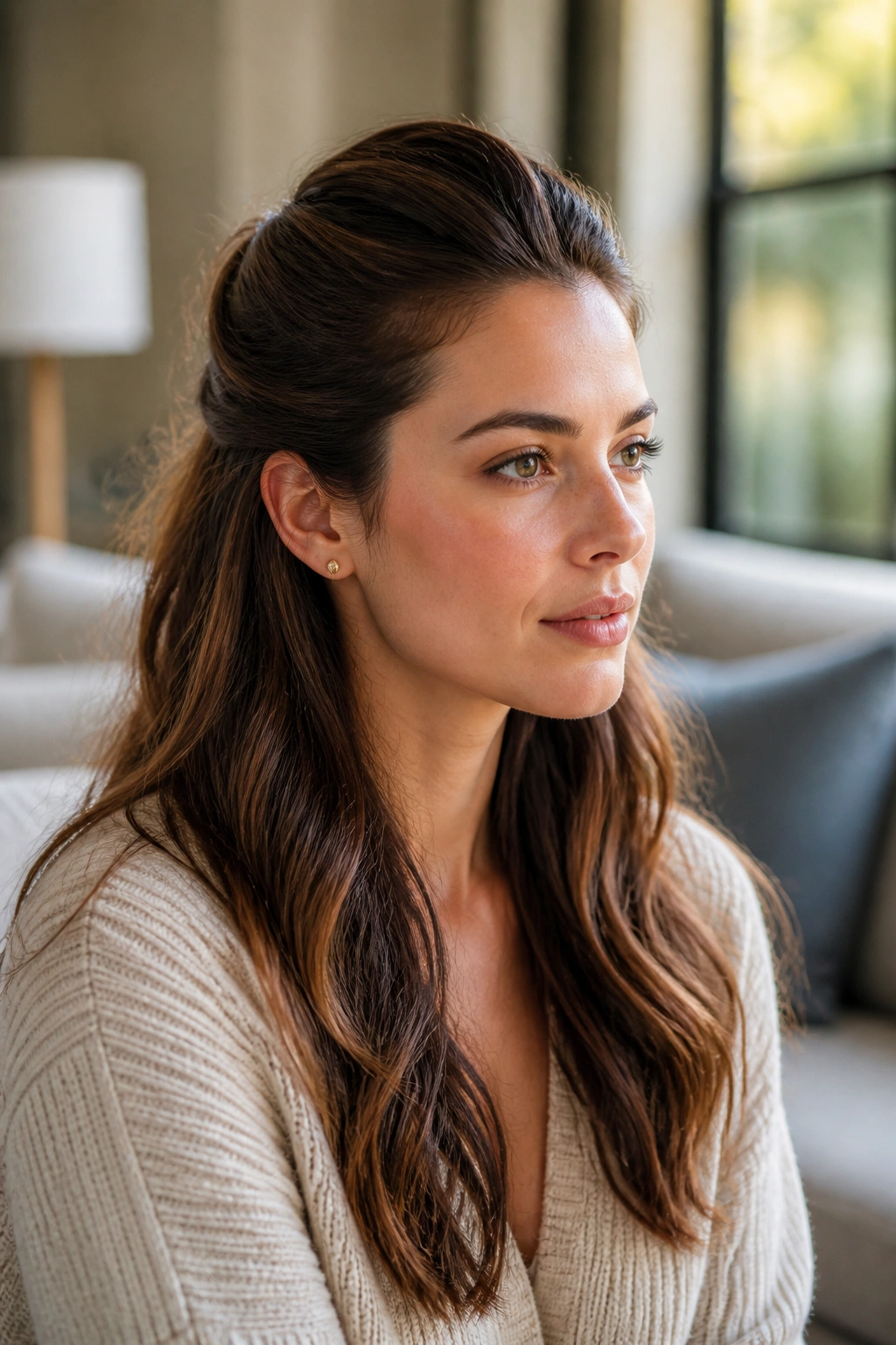 Portrait of a real woman with a half-up crown-controlled hairstyle